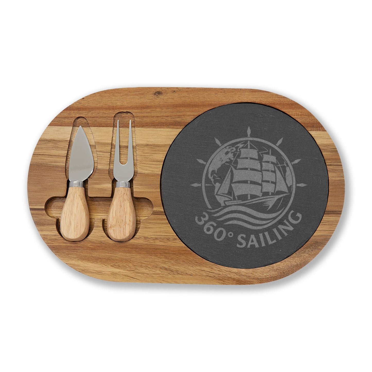 Engraved Nautical Charcuterie Board with Slate Insert & Cheese Tools